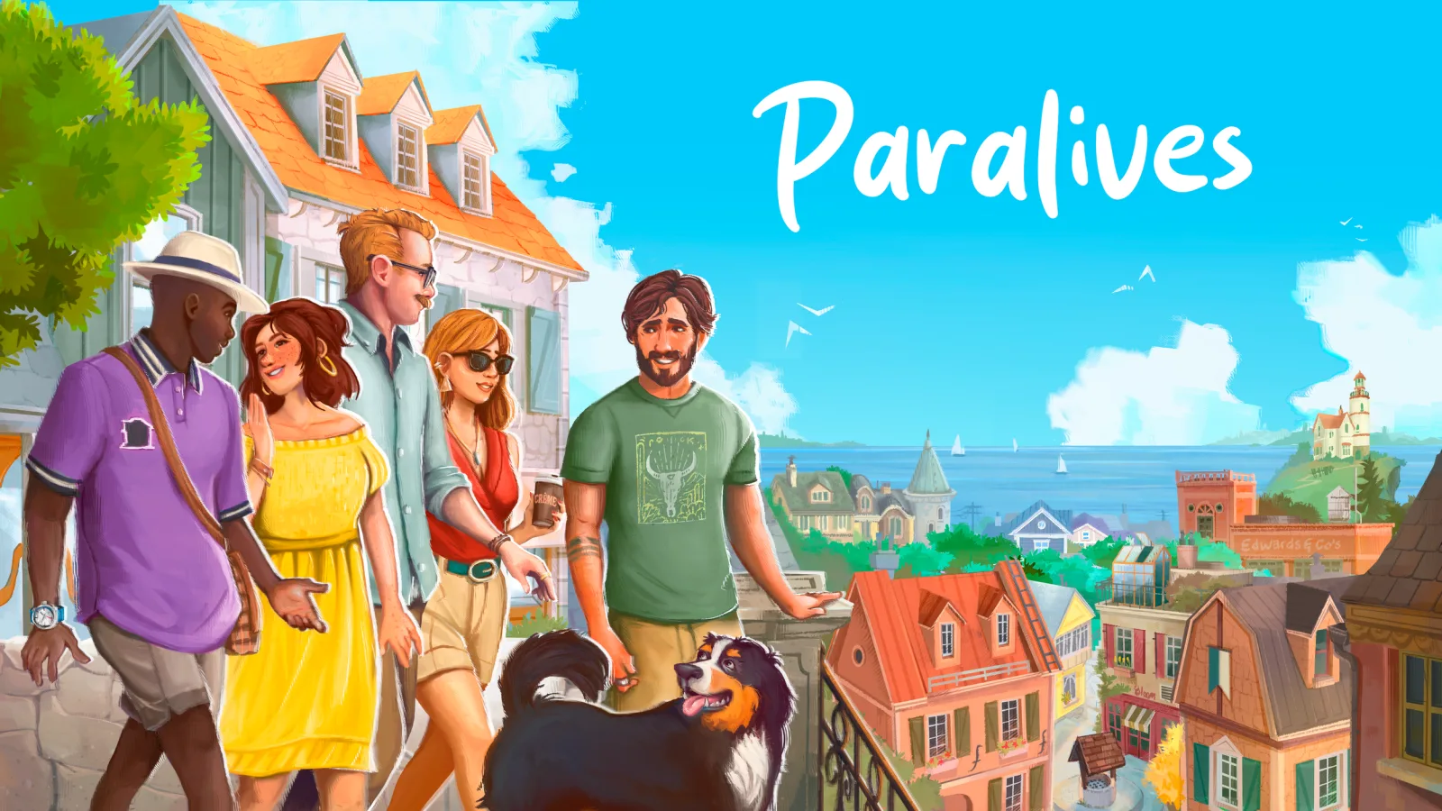 Official Paralives key art showing Parafolks in a colorful seaside neighborhood.